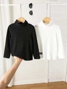 SHEIN 兒童男童 2件組針織高領純色T恤，適合秋冬休閒舒適穿搭 - 彩色 - 查看 7