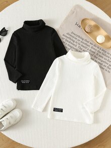 SHEIN 兒童男童 2件組針織高領純色T恤，適合秋冬休閒舒適穿搭 - 彩色 - 查看 1