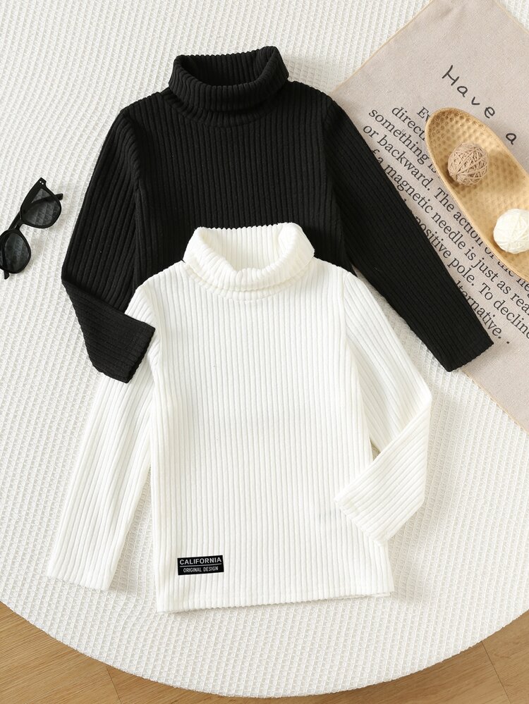 SHEIN Kids 2pcs Boys Knit Turtleneck Solid Color T-Shirts, Suitable For Casual And Comfortable Wardrobe In Autumn And Winter - Multicolor - View 3