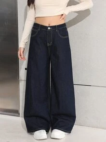 青少年女孩時尚休閒 Y2K 復古深藍色耐穿舒適磨毛棉牛仔褲 冬季 - 藍色 - 查看 6