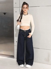 青少年女孩時尚休閒 Y2K 復古深藍色耐穿舒適磨毛棉牛仔褲 冬季 - 藍色 - 查看 3