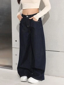 青少年女孩時尚休閒 Y2K 復古深藍色耐穿舒適磨毛棉牛仔褲 冬季 - 藍色 - 查看 7