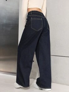 青少年女孩時尚休閒 Y2K 復古深藍色耐穿舒適磨毛棉牛仔褲 冬季 - 藍色 - 查看 2