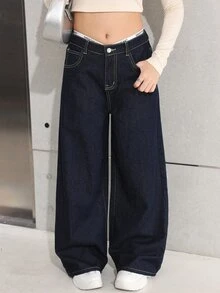 青少年女孩時尚休閒 Y2K 復古深藍色耐穿舒適磨毛棉牛仔褲 冬季 - 藍色 - 查看 5