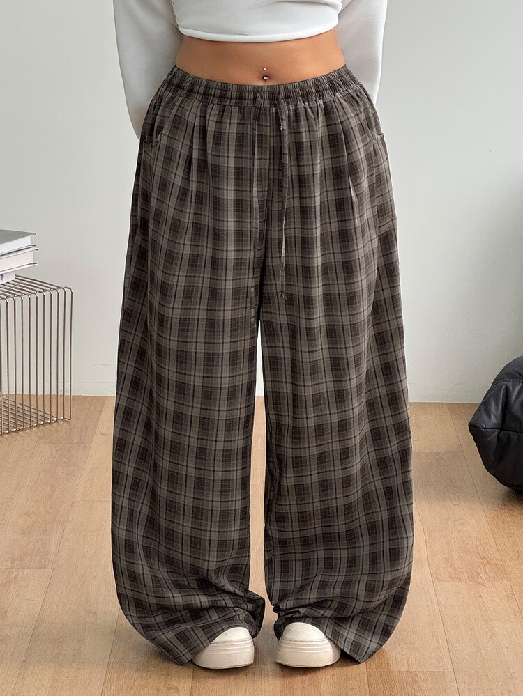 Coolane Women's Plus Size Summer Fall Going Out Homecoming Casual Preppy Drawstring Waist Tie Plaid Wide Leg Loose Casual Brown Pants - Coffee Brown - View 6