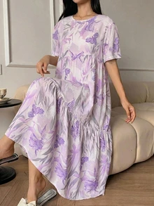 DAZY 花卉印花短袖寬鬆女款睡裙家居服夏季睡衣 - 紫色 - 查看 4