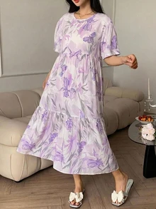 DAZY 花卉印花短袖寬鬆女款睡裙家居服夏季睡衣 - 紫色 - 查看 5
