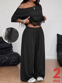 Coolane Conjunto de 2 piezas para mujer de verano y otoño, elegante para salir y uso diario, top con hombro asimétrico y patchwork de encaje, pantalones sueltos con cintura elástica, color negro - Negro - Ver 1