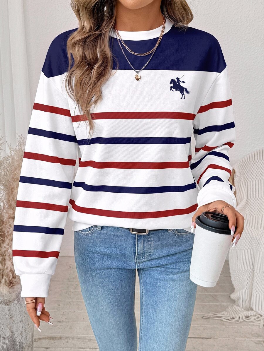 SHEIN LUNE 女款圓領寬鬆運動衫,紅藍條紋印花圖案,女款秋季服飾,秋季穿搭,女款通勤穿搭,基礎上衣,外出穿搭,機場穿搭 - 白色 - 查看 1