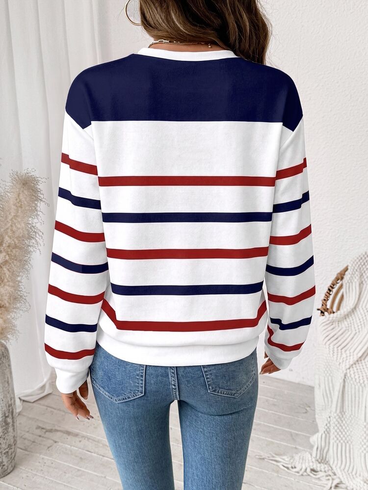 SHEIN LUNE Women's Crew Neck Loose Sweatshirt, Red & Blue Striped Print Pattern, Women's Autumn Clothing, Autumn Outfit, Women's Commute Outfit, Basic Top, Outing Outfit, Airport Outfit - White - View 2