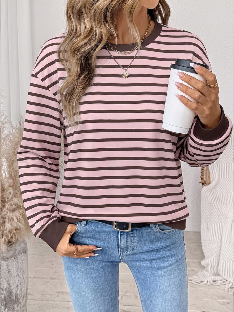 SHEIN LUNE Sweatshirt Lengan Panjang Wanita Kasual Serbaguna dengan Motif Garis dan Warna Kontras untuk Pemakaian Sehari-hari - Putih - View 5