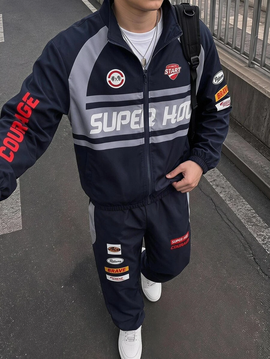 2件組男童休閒街頭風標語印花拼接長袖拉鍊開襟外套與長褲套裝，適合秋季校園穿著，海軍藍