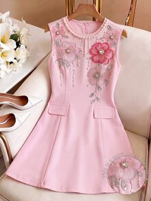 Weeklong Plus Size Spring/Summer Fashion Commute Daily Wear Faux Flower Position Print Collar Bead Pocket Dress - Pink - View 1