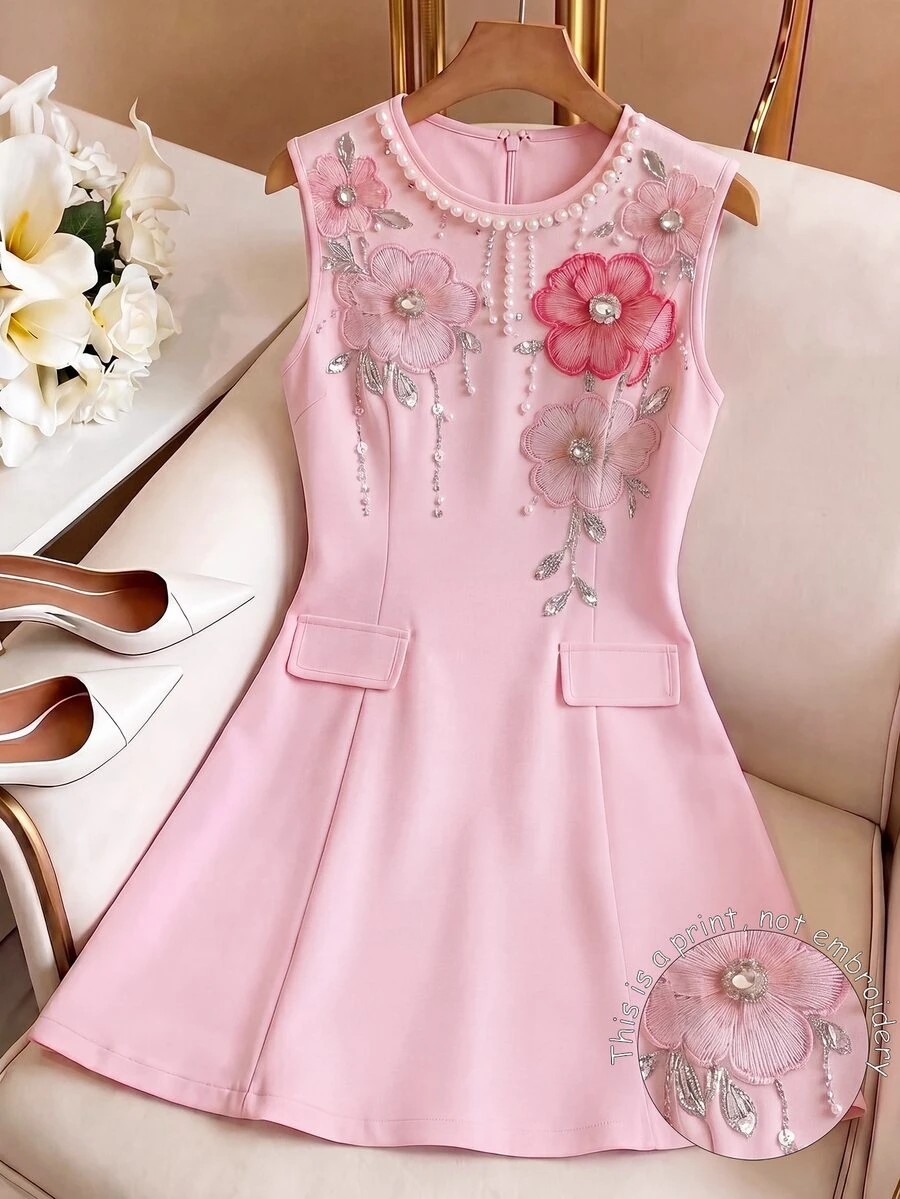 Weeklong Plus Size Spring/Summer Fashion Commute Daily Wear Faux Flower Position Print Collar Bead Pocket Dress - Pink - View 1
