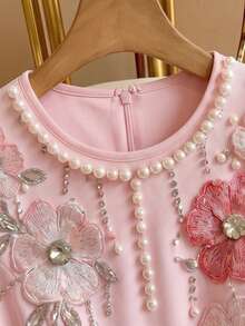 Weeklong Plus Size Spring/Summer Fashion Commute Daily Wear Faux Flower Position Print Collar Bead Pocket Dress - Pink - View 3