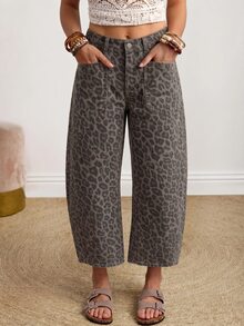 SHEIN PETITE 女款時尚百搭豹紋口袋鈕扣牛仔褲 - 彩色 - 查看 3