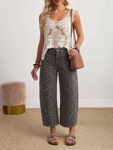 SHEIN PETITE 女款時尚百搭豹紋口袋鈕扣牛仔褲 - 彩色 - 查看 6