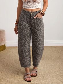 SHEIN PETITE 女款時尚百搭豹紋口袋鈕扣牛仔褲 - 彩色 - 查看 7