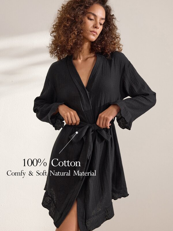 Ocili Comfortable Pure Cotton Soft Mesh Double Layer Robe Women's Loungewear Long Robe With Frill Trim