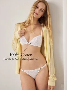 Ocili Leisure Comfortable Minimalist Thin Bottom Embroidered Women's Bra + Thong - White - View 1