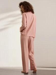 Ocili 女款天然舒適無彈力亞麻百褶長袖長褲睡衣套裝 - 粉色 - 查看 3