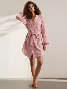 Ocili Comfortable Pure Cotton Soft Mesh Double Layer Robe Women's Loungewear Long Robe With Frill Trim - Pink - View 4