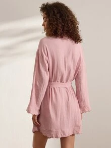 Ocili Comfortable Pure Cotton Soft Mesh Double Layer Robe Women's Loungewear Long Robe With Frill Trim - Pink - View 3