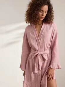 Ocili Comfortable Pure Cotton Soft Mesh Double Layer Robe Women's Loungewear Long Robe With Frill Trim - Pink - View 5