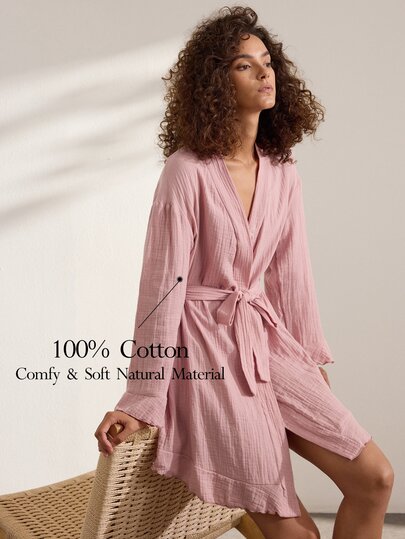 Ocili Comfortable Pure Cotton Soft Mesh Double Layer Robe Women's Loungewear Long Robe With Frill Trim