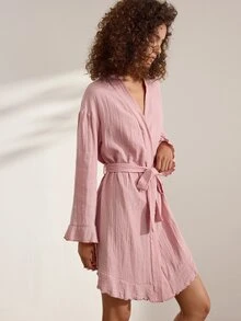 Ocili Comfortable Pure Cotton Soft Mesh Double Layer Robe Women's Loungewear Long Robe With Frill Trim - Pink - View 6