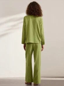 Ocili Natural Comfortable Non-Stretch Linen Pleated Long Sleeve Pants Pajama Set For Women - Olive Green - View 3