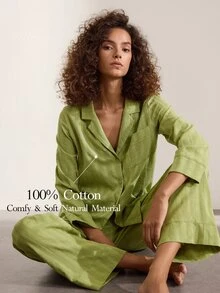 Ocili Natural Comfortable Non-Stretch Linen Pleated Long Sleeve Pants Pajama Set For Women - Olive Green - View 1