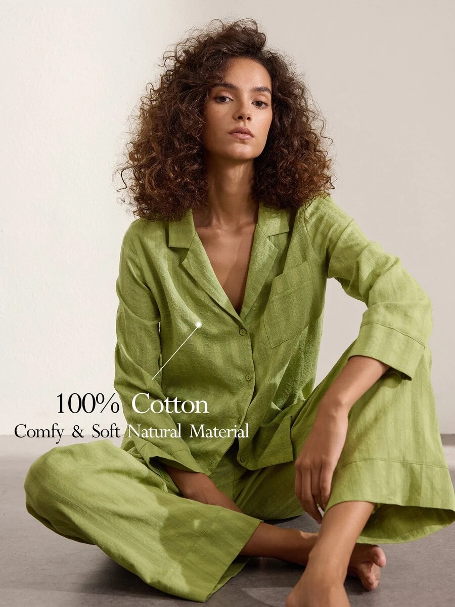 Ocili Natural Comfortable Non-Stretch Linen Pleated Long Sleeve Pants Pajama Set For Women - Olive Green - View 1