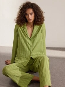 Ocili Natural Comfortable Non-Stretch Linen Pleated Long Sleeve Pants Pajama Set For Women - Olive Green - View 7