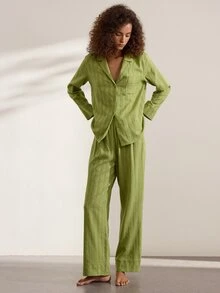 Ocili Natural Comfortable Non-Stretch Linen Pleated Long Sleeve Pants Pajama Set For Women - Olive Green - View 2