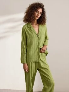 Ocili Natural Comfortable Non-Stretch Linen Pleated Long Sleeve Pants Pajama Set For Women - Olive Green - View 5