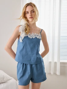 Ocili 100%提花刺繡純棉柔軟細肩帶睡衣套裝女款居家服 - 霧霾藍 - 查看 5