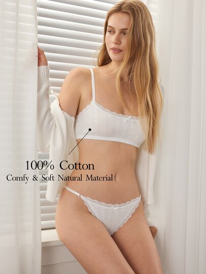 Ocili 100% Pure Cotton Knitted Jacquard Comfortable Women's Patchwork Mini Lace Bow Decor Bra & Thong Lingerie Set