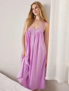 Ocili 女款純色鏤空刺繡鈕扣設計細肩帶居家休閒連身裙 - 淡紫色 - 查看 2