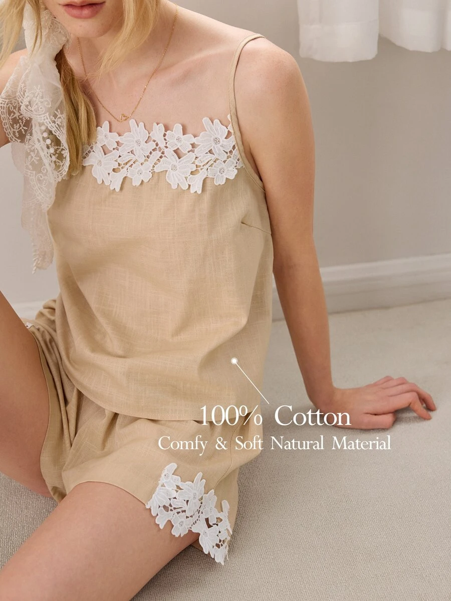 Ocili 100%緹花刺繡純棉柔軟細肩帶睡衣套裝 女款居家休閒睡衣套裝 - 杏色 - 查看 1