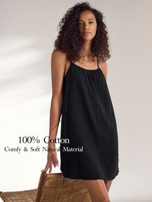 Ocili 100%純棉雙層克雷普舒適柔軟極簡純棉細肩帶露背睡裙女款居家休閒洋裝 - 黑色 - 查看 1