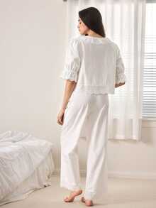 Ocili Women's Solid Color Round Neck Ruffle Hem Short Sleeve Casual Loungewear Set, Summer - White - View 2