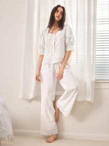 Ocili Women's Solid Color Round Neck Ruffle Hem Short Sleeve Casual Loungewear Set, Summer - White - View 6
