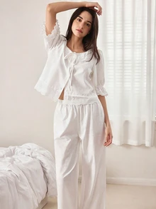 Ocili Women's Solid Color Round Neck Ruffle Hem Short Sleeve Casual Loungewear Set, Summer - White - View 3
