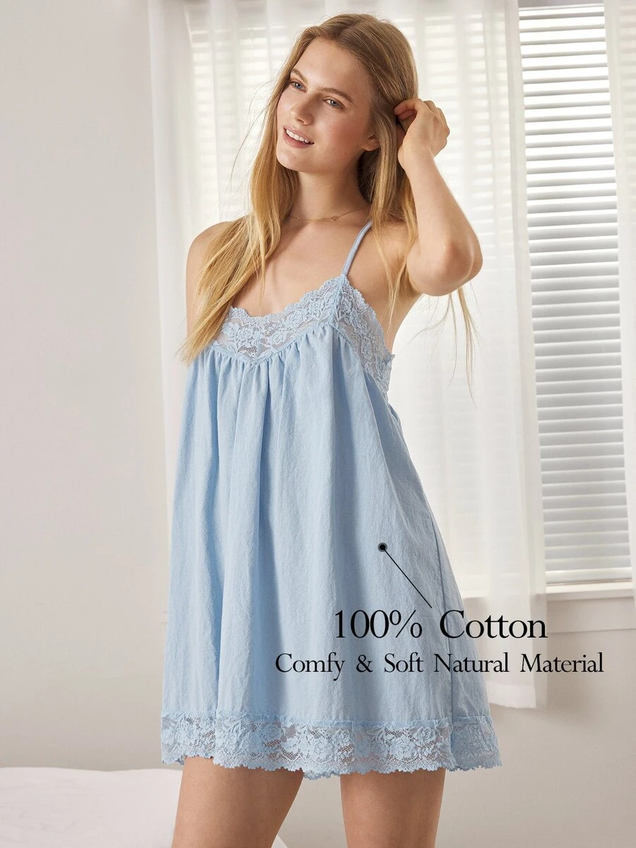Ocili 100% Pure Cotton Floral Lace Camisole Dress, Simple Comfortable Loose Fit Daily Women's Nightgown - Blue - View 1