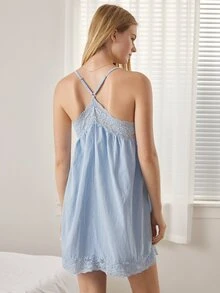 Ocili 100% Pure Cotton Floral Lace Camisole Dress, Simple Comfortable Loose Fit Daily Women's Nightgown - Blue - View 2