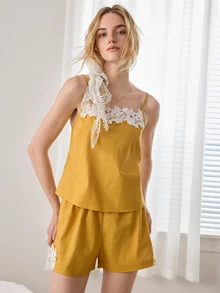 Ocili 100%緹花刺繡純棉柔軟細肩帶睡衣套裝，女款居家休閒睡衣套裝 - 黃色 - 查看 5