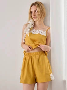 Ocili 100%緹花刺繡純棉柔軟細肩帶睡衣套裝，女款居家休閒睡衣套裝 - 黃色 - 查看 6