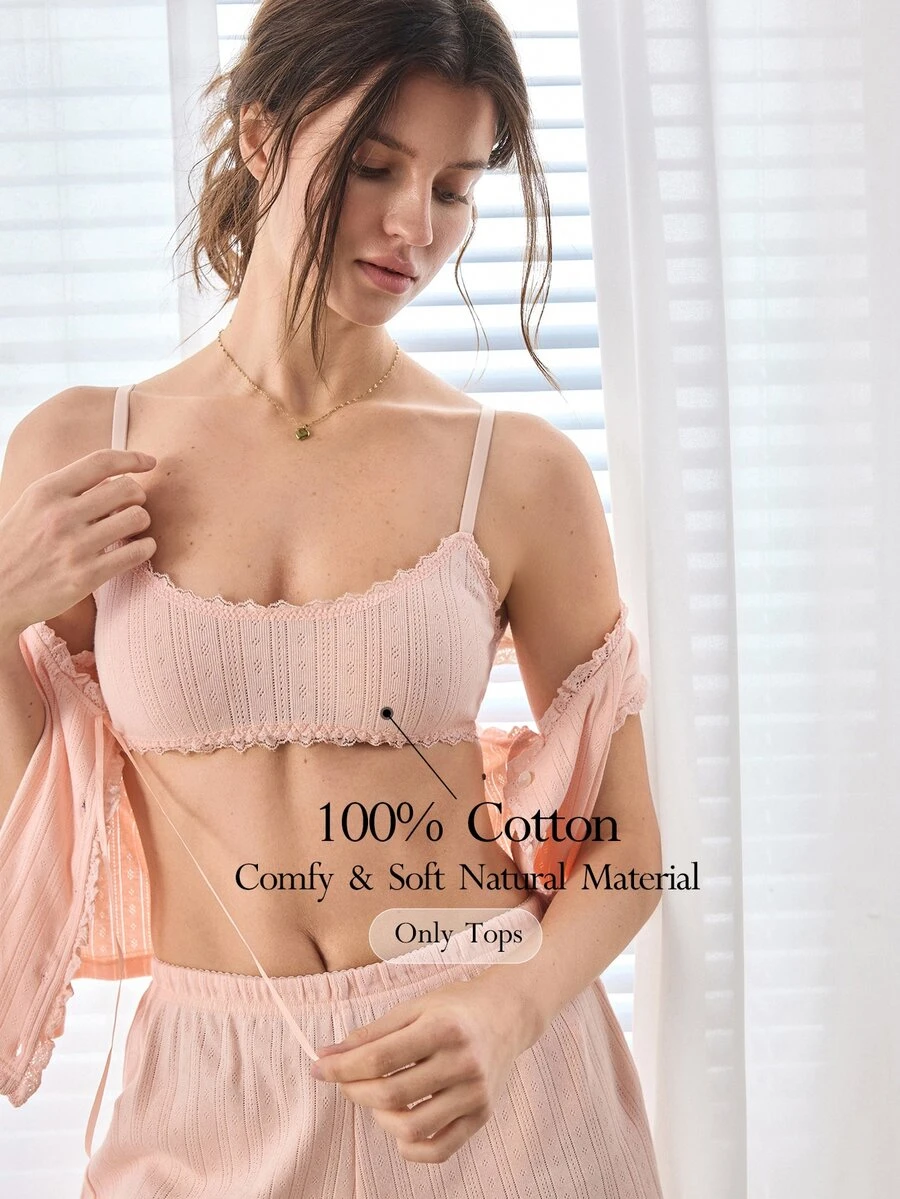 Ocili Women's Comfortable Cotton Knit Jacquard Lace Bow Decor Bra - Apricot - View 1