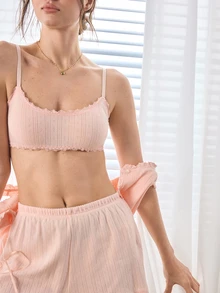 Ocili Women's Comfortable Cotton Knit Jacquard Lace Bow Decor Bra - Apricot - View 4